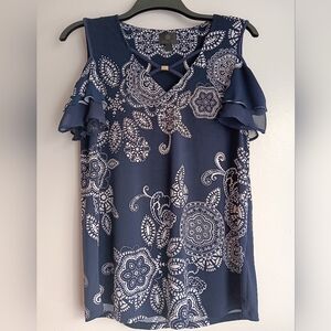 ❤️JM Collection Navy Floral Cold Shoulder Blouse